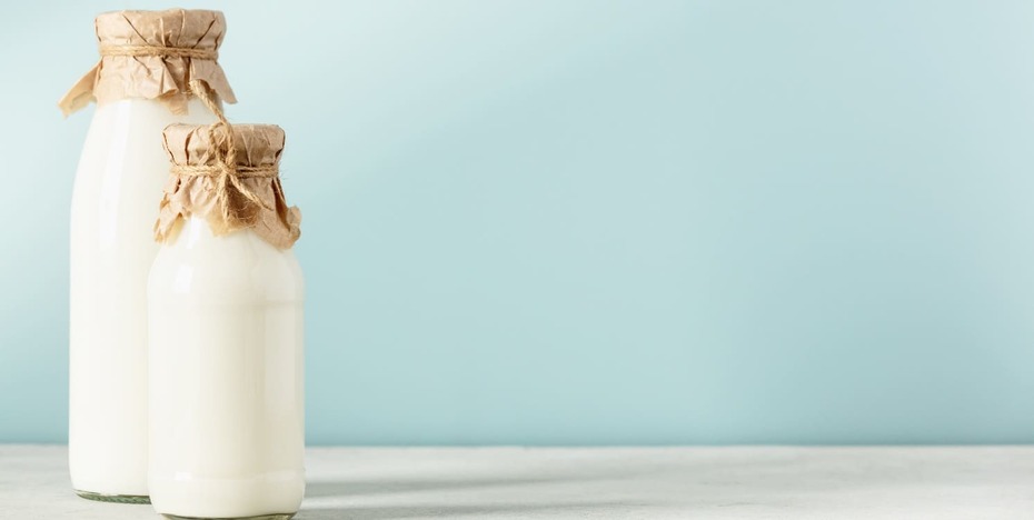 on dairy plant based milk in bottles and ingredients on blue background. Alternative lactose free milk substitute